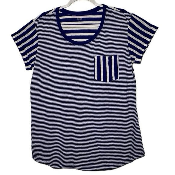 a.n.a Navy White Striped Top a.n.a A New Approach Scoop Neck Tee Pocket Size L - Picture 1 of 16